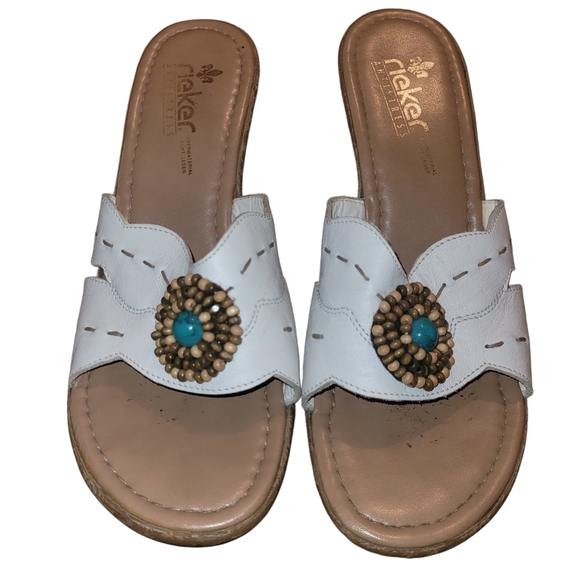 Rieker White Leather Wedge Sandals with Beaded Accent 38 - Picture 1 of 4